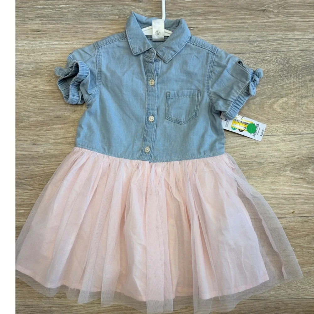 OshKosh Bgosh Toddler Girls Chambray and Pink Tulle Tutu Dress 2T NWT